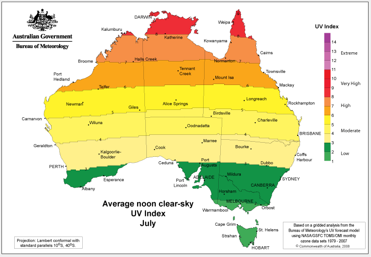 Map of Australia showing the average UV level recorded across the country in July.